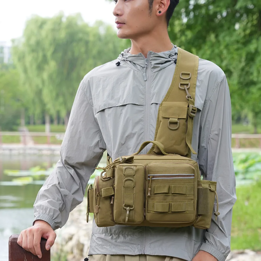 跨境渔具路亚包插杆多功能腰包单肩胸包战术迷彩户外骑行旅行包