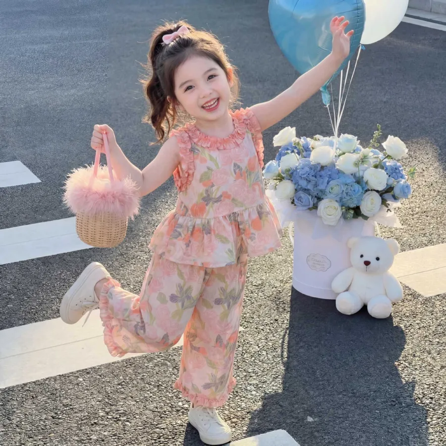 女童花朵薄款套装2025宝宝夏季背心阔腿裤两件套儿童时髦夏装小童