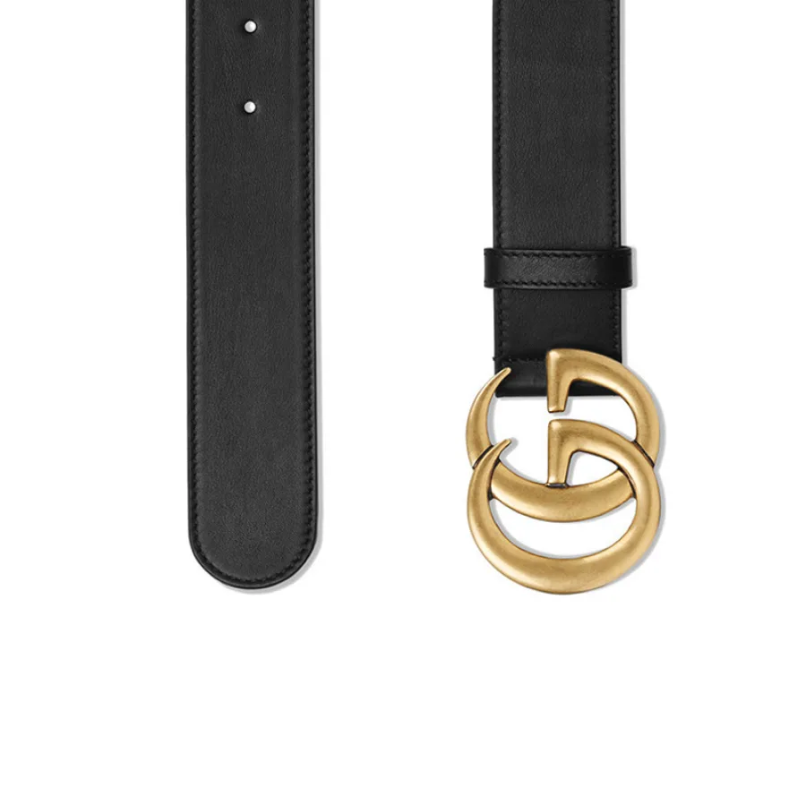 GUCCI/古驰 经典款女士黑色皮革粗款金色双G扣腰带 400593AP00T1000