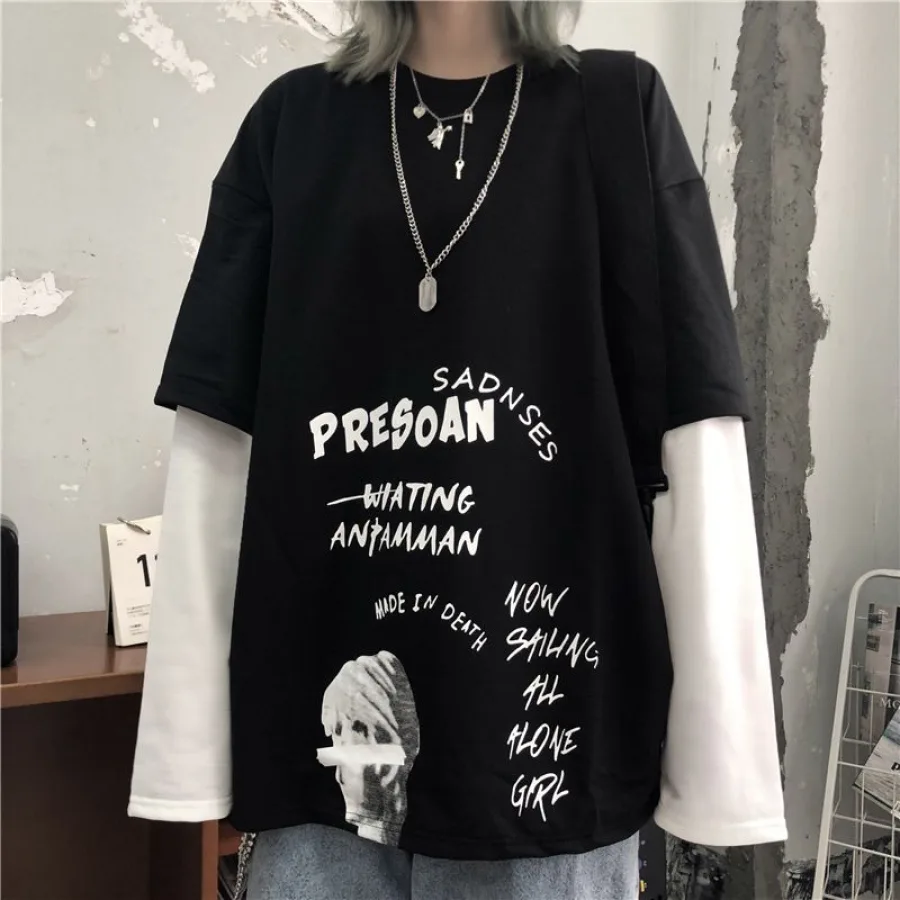 春秋季新款韩版ins潮流宽松港风假两件拼接长袖t恤男女上衣打底衫