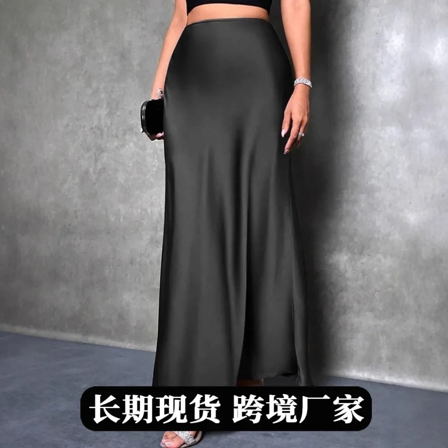 外贸跨境色丁缎面半身裙春夏新款欧美亚马逊简约仿真丝长裙子女装