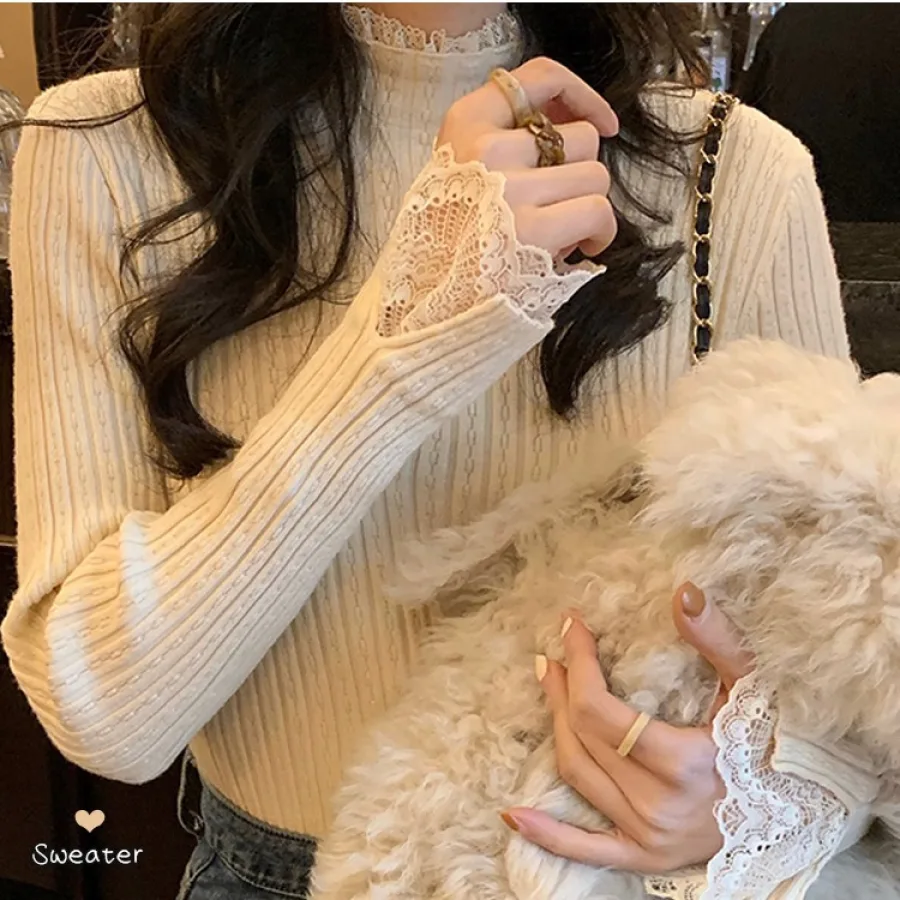 法式拼接蕾丝内搭针织衫女秋冬新款修身显瘦半高领毛衣打底衫上衣