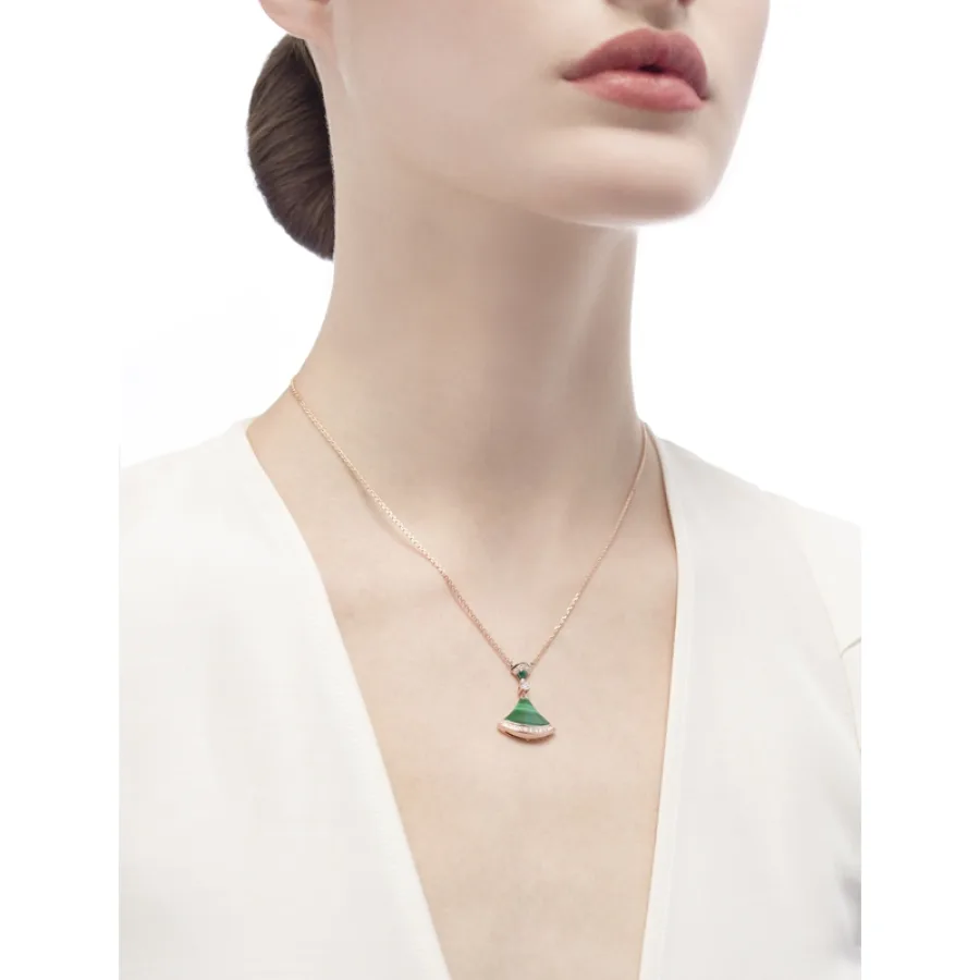 BVLGARI/宝格丽 DIVAS'DREAM经典款孔雀石18K金玫瑰金镶钻 小扇子项链 351143