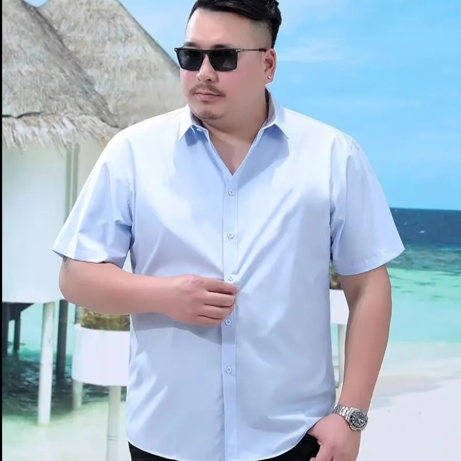 加肥加大码短袖衬衣男胖子夏季白色薄款打底上衣纯色商务休闲衬衫