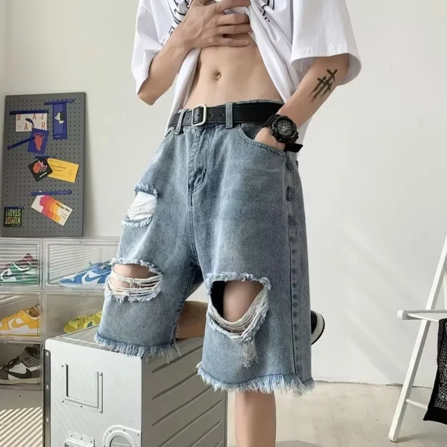 欧美vibe破洞牛仔短裤男士夏季小众设计感宽松痞帅炸街休闲五分裤