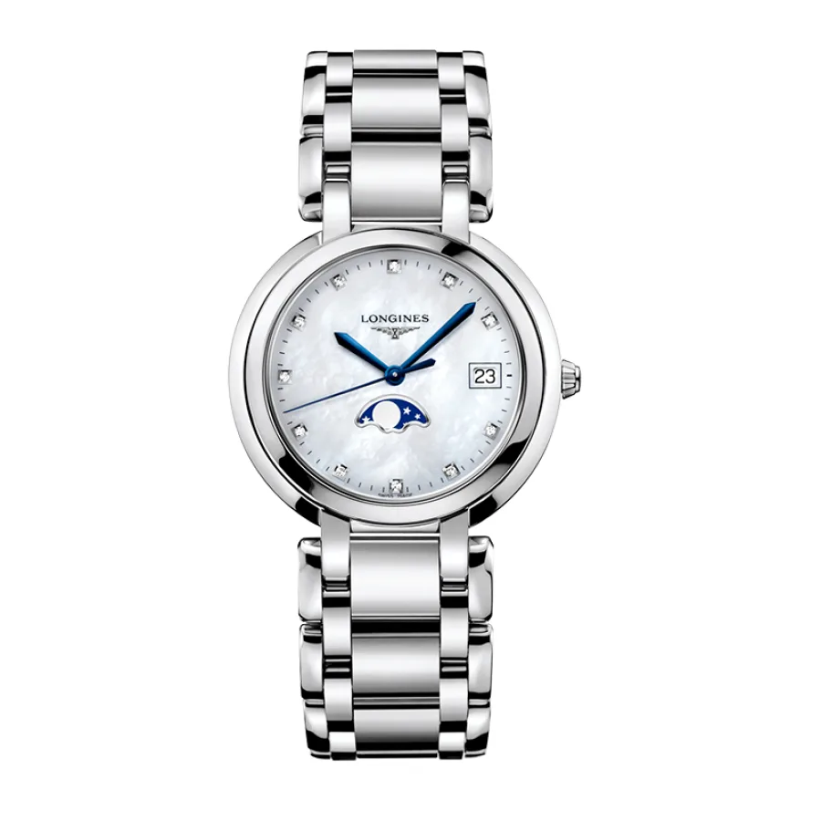预订款1个月 LONGINES/浪琴  心月系列石英机芯精钢女士镶钻珍珠贝母腕表34毫米L8.116.4.87.6