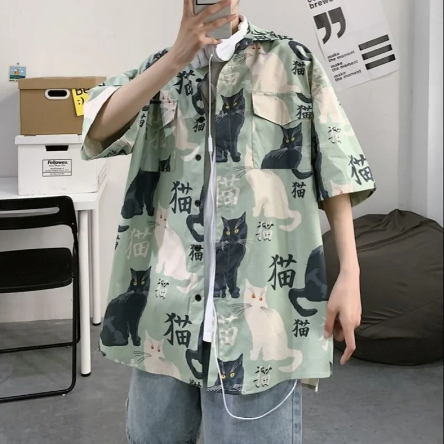 夏季日系短袖衬衫男半袖寸衫港风潮流猫咪印花学生宽松休闲衬衣潮