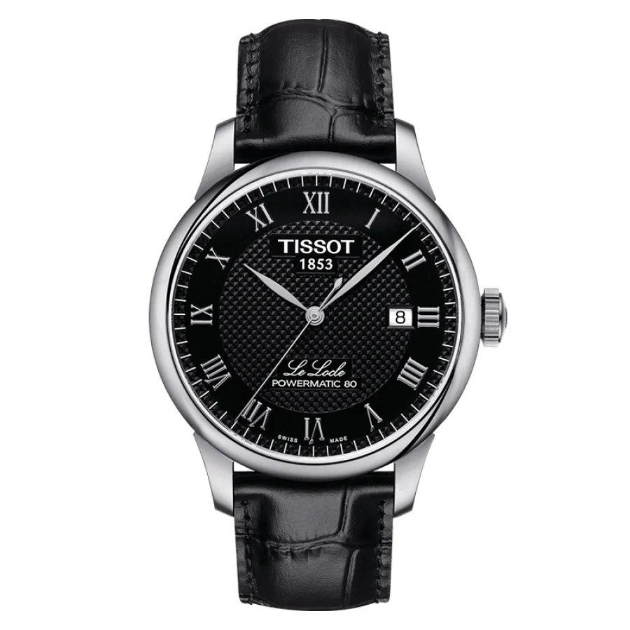 预订款2-3周 TISSOT/天梭  力洛克系列精钢表壳黑盘黑色皮革表带80机芯自动机械男士腕表 39.3毫米