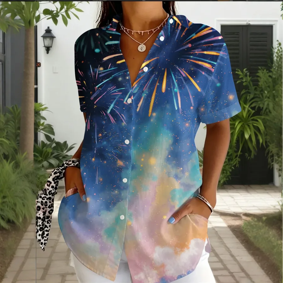 夏季新款烟花星空印花衬衫女 短袖翻领宽松休闲衬衣 百搭通勤女装