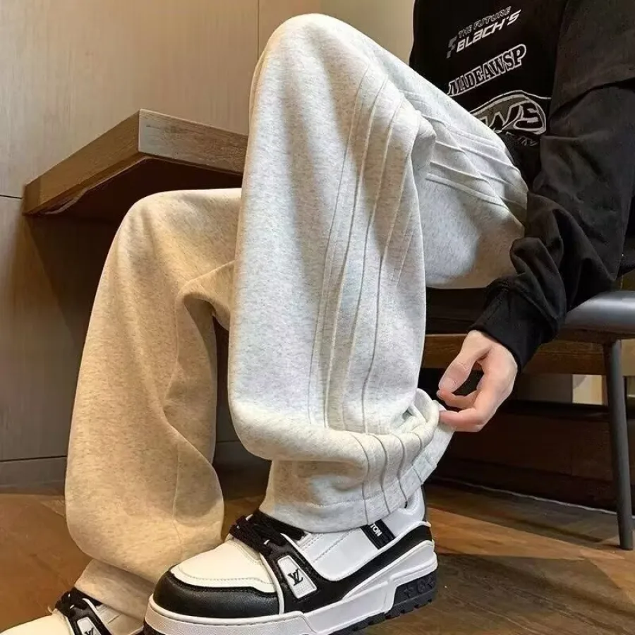 潮牌百搭运动卫裤男春秋美式复古灰色阔腿裤子青少年垂感休闲裤潮