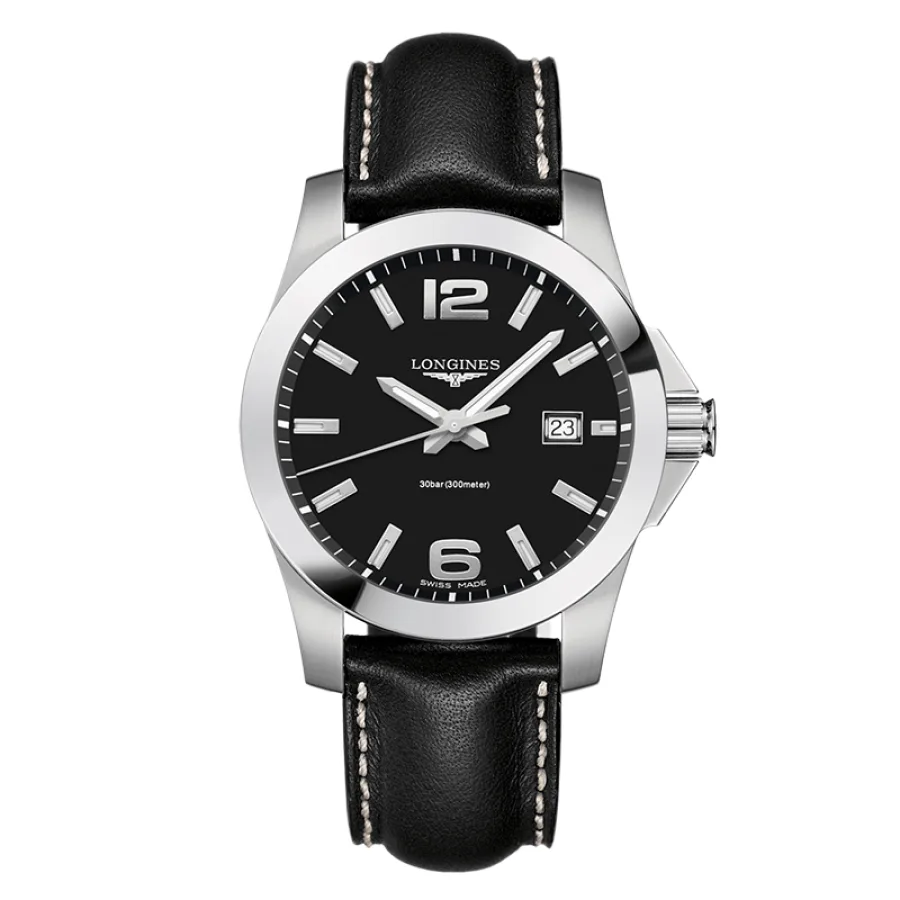 预定款1个月 LONGINES/浪琴  康卡斯系列 石英表黑盘精钢表壳皮质表带男表41毫米L3.759.4.58.3