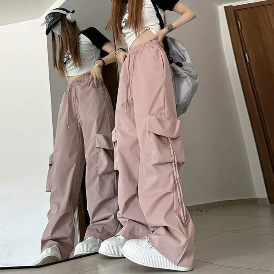 美式复古速干工装裤女夏季高腰直筒阔腿飘带宽松休闲拖地长裤潮流