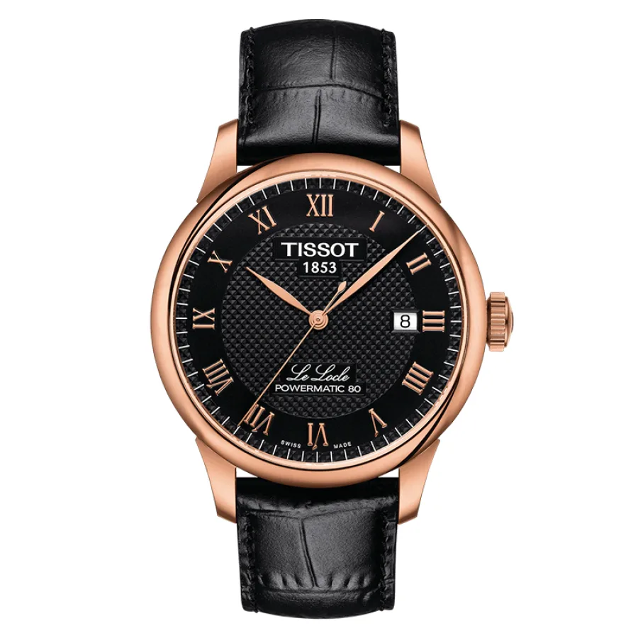 预定1-2周发货 TISSOT/天梭  力洛克系列玫瑰金PVD表壳黑盘黑色皮革表带男士自动机械腕表 39.3毫米