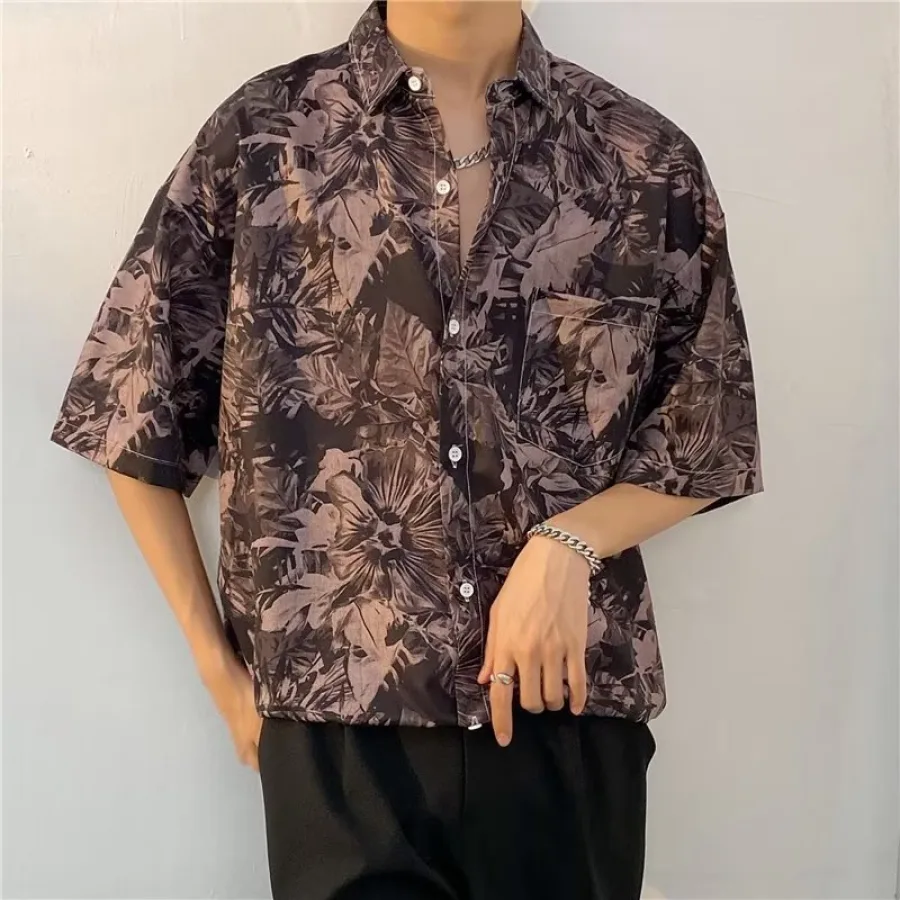 夏威夷街头复古水墨花卉满印短袖衬衫男潮牌bf慵懒风休闲花衬衣