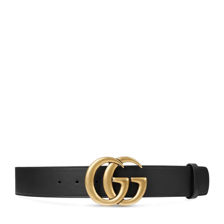 GUCCI/古驰 经典款女士黑色皮革粗款金色双G扣腰带 400593AP00T1000