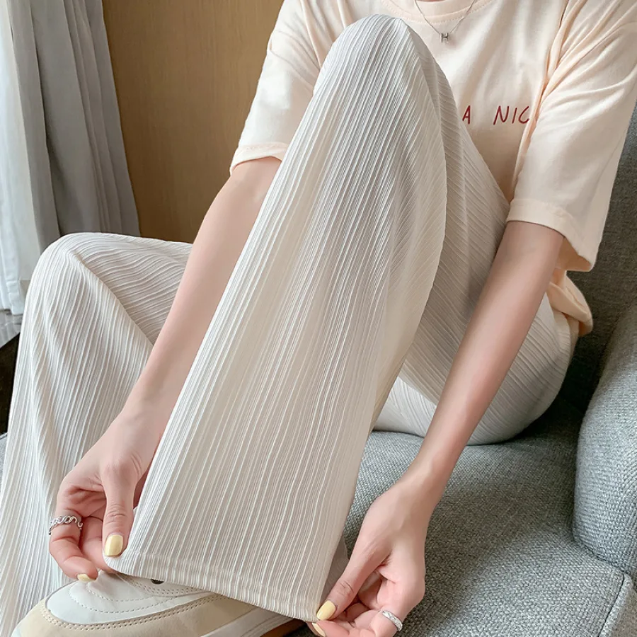 H789冰丝阔腿裤女薄款雪纺高腰垂感宽松直筒显瘦休闲拖地长裤夏季