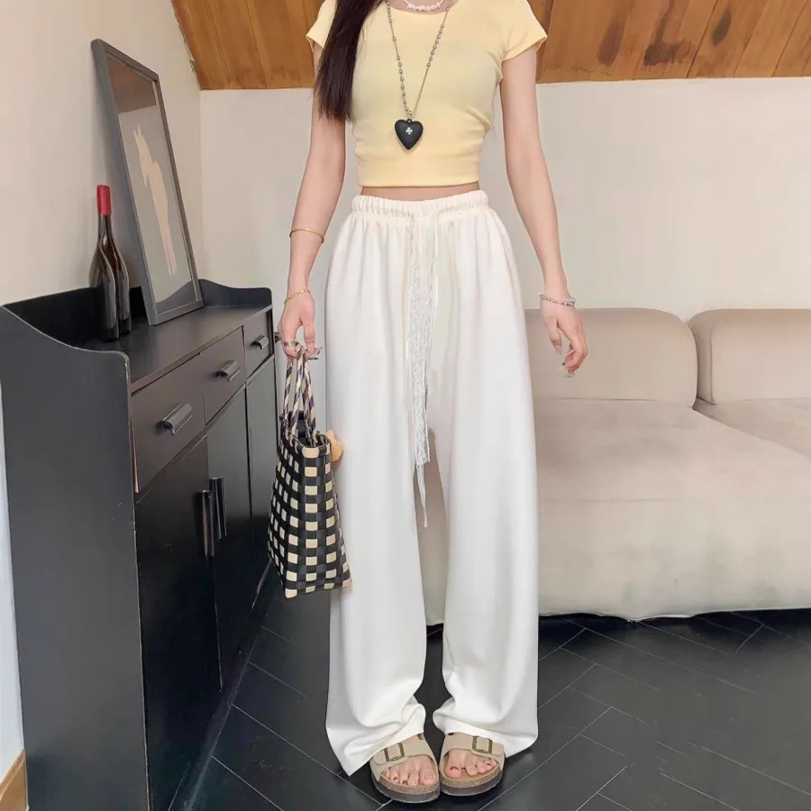 2025新款慵懒蕾丝抽绳奶芙阔腿裤女春夏宽松垂感拖地直筒休闲裤