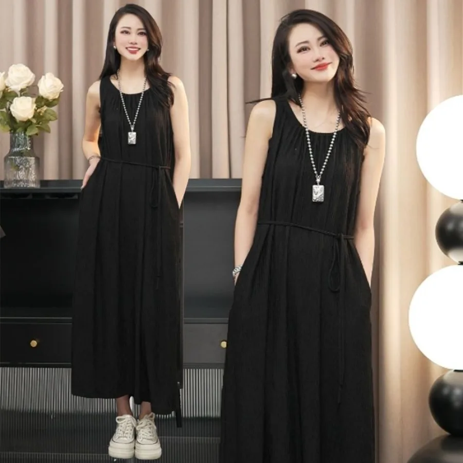 Copy Of French Vintage Pocket Dress for Women, Summer Slimming Fashion Waist-Cinching Sleeveless Loose Pleated Dress