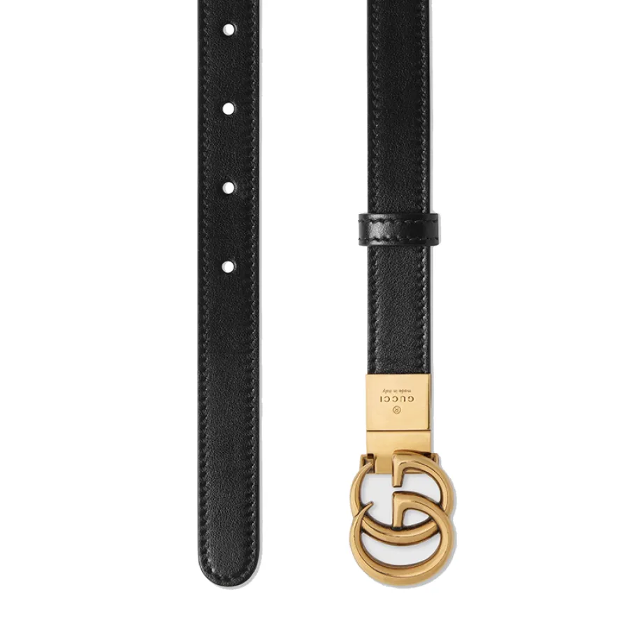 GUCCI/古驰 女士黑色/白色皮革复古金色双G扣腰带2厘米 6594180YATC1089