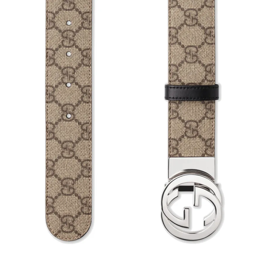 GUCCI/古驰   经典款男士双面米色帆布黑色皮革银色双G扣腰带 473030KGDHN9769
