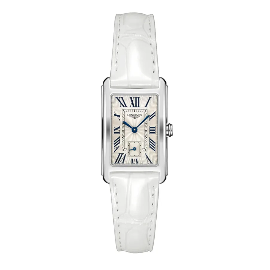预订款1个月 LONGINES/浪琴 黛绰维纳系列 男女同款石英机芯长方形银色表盘白色鳄鱼皮表带手表L5.512.4.71.2